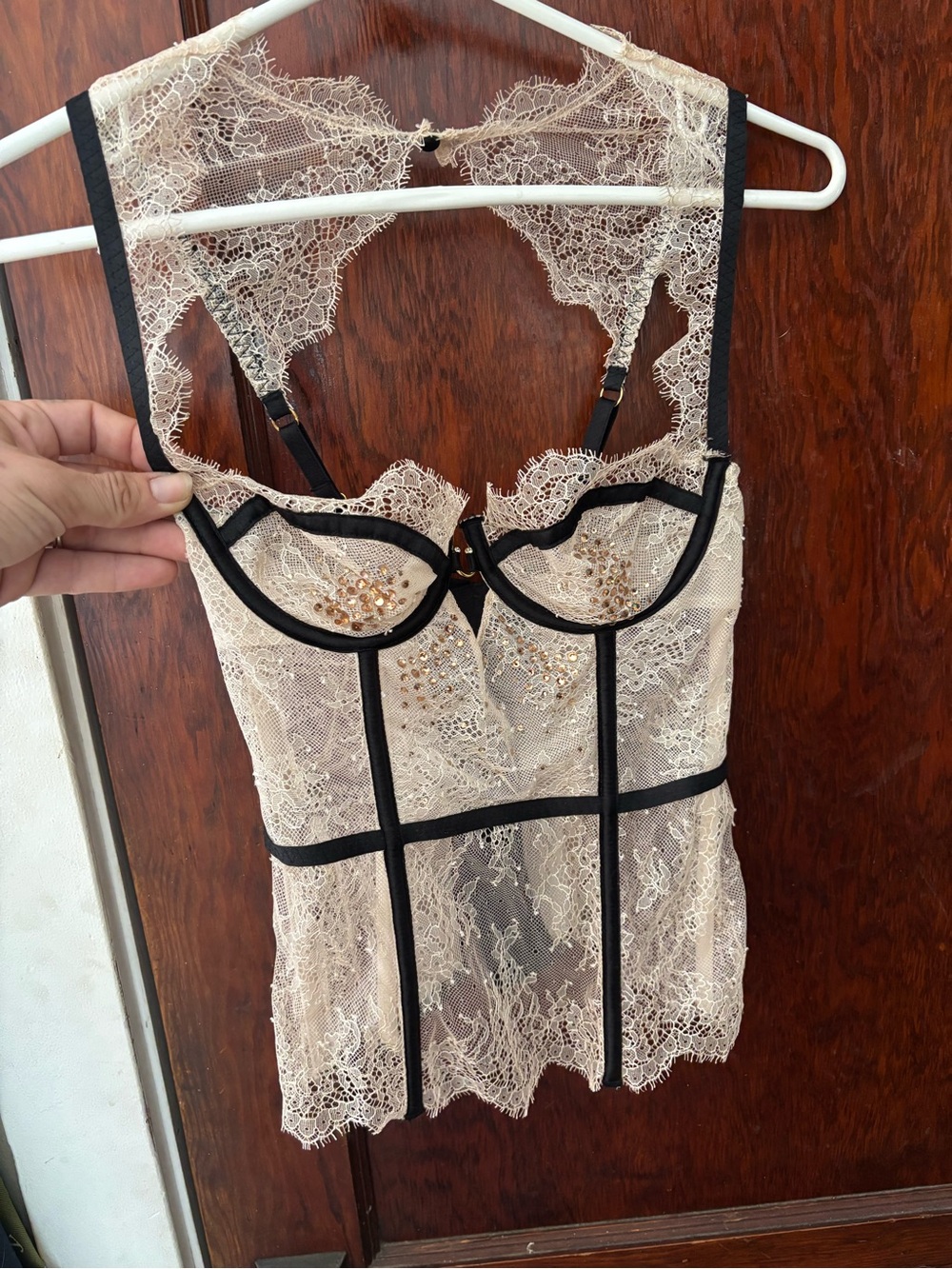 Victorias Secret Lace Beaded Bustier Camisole - Cream with Black Trim